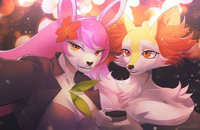 anthro black_nose clothed clothing duo female female_anthro fur hair inner_ear_fluff long_hair narrowed_eyes open_clothing open_topwear palmorph pink_hair pokemorph red_eyes red_inner_ear_fluff text topwear tuft white_body white_fur unknowhiter nintendo palworld pocketpair pokemon braixen flopie generation_6_pokemon pal_(species) pokemon_(species) 2024 artist_name dated hi_res