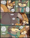 2022 base_three_layout blockage_(layout) blush brown_body brown_eyes brown_fur canid canine canis colored comic dialogue digital_media_(artwork) dire_wolf duo english_text fennec_fox feral fluffy fluffy_tail flustered four_frame_image fox fur hi_res horizontal_blockage kuroodod male male/male mammal necktie plant plant_clothing profanity pupils raised_tail sam_(changing_fates) size_difference slit_pupils smug smug_expression smug_face smug_grin tail text three_row_layout true_fox wide_hips wolf wrath_(changing_fates)
