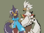 anthro armor beak blue_body blue_feathers bodily_fluids braided_pseudo_hair duo eye_contact feathers green_eyes looking_at_another male scarf sweat white_body white_feathers wings yellow_eyes kurozu_rt breath_of_the_wild nintendo the_legend_of_zelda revali teba_(tloz) avian bird rito hi_res