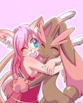 2_tails anthro blue_eyes breasts brown_body brown_fur cheerleader_outfit clothed clothing cute_fangs dress duo eyes_closed fangs female femboy fully_clothed fur hair happy hug inner_ear_fluff long_ears long_hair looking_at_another multi_tail nude one_eye_closed pink_background pink_hair side_boob simple_background smile standing tail teeth tuft redmatzoo nintendo pokemon ventra domestic_cat felid feline felis generation_4_pokemon lagomorph lopunny mammal pokemon_(species) shiny_pokemon hi_res signature