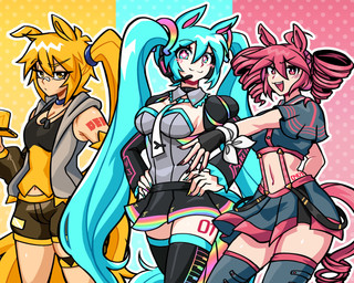 ahoge alternate_species arm_tattoo armwear band-aid band-aid_on_face band-aid_on_nose bandage bandage_on_face bandage_on_nose black_bottomwear black_clothing black_fingerless_gloves black_gloves black_handwear black_legwear black_skirt black_thigh_highs blonde_hair blue_choker blue_eyes blue_hair blue_jewelry blue_necklace blush bottomwear breast_size_difference breasts brown_bottomwear brown_clothing brown_shorts choker cleavage clothed clothing colored_nails crop_top curled_tail detached_sleeves drill_curls duo electronics female fingerless_gloves gloves grey_bottomwear grey_clothing grey_shirt grey_skirt grey_topwear hair hair_between_eyes hand_in_pocket hand_on_hip handheld_console hands_on_hips handwear headphones holding_object horse_ears jacket jewelry juliet_sleeves leg_tattoo legwear long_hair long_sleeves looking_at_viewer medium_breasts midriff multicolored_nails nails necklace notched_ear open_clothing open_jacket open_mouth open_smile open_topwear pink_eyes pink_hair pink_nails pink_tail pleated_skirt pockets ponytail puffy_sleeves shirt short_hair shorts side_ponytail skindentation skirt small_breasts smile smiling_at_viewer suspender_skirt suspenders tail tattoo thigh_highs thigh_tattoo topwear twintails_(hairstyle) yellow_eyes yellow_tail nyapurrlitan triple_baka utau vocaloid akita_neru hatsune_miku kasane_teto animal_humanoid equid equid_humanoid equine equine_humanoid horse_humanoid humanoid mammal mammal_humanoid 5:4 digital_drawing_(artwork) digital_media_(artwork) hi_res