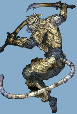 anthro armor blue_eyes fur male melee_weapon solo sword tail weapon white_body white_fur tomato_(artist) bethesda_game_studios microsoft the_elder_scrolls the_elder_scrolls_online zerith-var felid khajiit mammal pantherine tiger