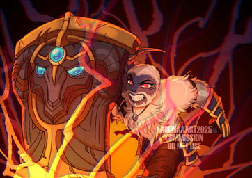 abstract_background anthro armor blue_body blue_skin bottomwear clothed clothing cosplay curved_horn facial_hair fur gauntlets gloves handwear horn male medallion red_eyes shield solo topless white_body white_fur ralkaras league_of_legends nintendo pokemon riot_games tencent braum_(lol) mash_(character) absol generation_3_pokemon pokemon_(species) 2025 absurd_res digital_drawing_(artwork) digital_media_(artwork) hi_res