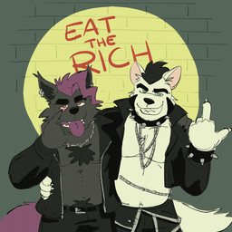 alternative_fashion anthro belly black_body black_fur black_hair chain_necklace clothed clothing collar duo eat_the_rich fur gesture hair hand_gesture jewelry looking_at_viewer male middle_finger necklace open_mouth paws politics punk purple_hair simple_background smile spiked_collar spikes tail teeth text tongue topwear white_body white_fur ty_pesh langdon_marston night_(hyenight) canid canine canis domestic_dog husky hyena mammal nordic_sled_dog spitz spotted_hyena striped_hyena nonbinary_(lore)