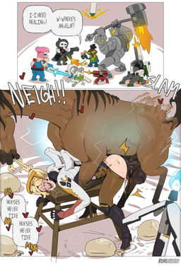 balls bestiality biting_hair blonde_hair blush butt condom dialogue female female_human female_penetrated feral feral_penetrating feral_penetrating_human filled_condom genitals group hair human_on_feral human_penetrated interspecies male male/female male_feral male_penetrating male_penetrating_female penetration penis pulling_hair sex sexual_barrier_device speech_bubble text touching_hair rururaida blizzard_entertainment overwatch genji_(overwatch) lucio_(overwatch) mercy_(overwatch) reaper_(overwatch) reinhardt_(overwatch) zarya_(overwatch) equid equine horse human mammal 2026 comic english_text hi_res