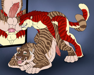 anal anal_penetration animal_genitalia animal_penis anthro anthro_on_feral anthro_penetrating anthro_penetrating_feral bared_teeth bestiality big_fangs brown_body brown_fur clenched_teeth duo erection eyes_closed fangs feline_genitalia feline_penis feral feral_penetrated from_behind_position fur genitals green_eyes hair intraspecies intraspecies_bestiality larger_feral larger_male larger_penetrated male male/male male_anthro male_feral male_penetrated male_penetrating male_penetrating_male markings mating_grip nude penetration penile penile_penetration penile_spines penis penis_in_ass rear_admiral_position red_body red_fur red_hair red_penis red_stripes sex short_hair simple_background size_difference smaller_anthro smaller_male striped_arms striped_legs striped_markings striped_tail stripes tail tail_markings tan_stripes teeth tongue tongue_out white_body white_fur yellow_body yellow_fur killthe_demon angel_(velvetvlade) kurroe felid mammal pantherine tiger hi_res