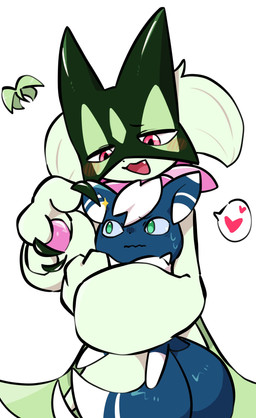 3_fingers ambiguous_gender anthro blue_body blue_ears blue_fur blue_tail blush blush_lines bodily_fluids claws dipstick_tail duo finger_claws fingers flower_(anatomy) fur green_body green_eyes green_fur heart_symbol holding_another male markings mask open_mouth pawpads paws pink_eyes simple_background sweat sweatdrop tail tail_markings white_background white_body white_fur white_tail_tip letaslettuce nintendo pokemon generation_6_pokemon generation_9_pokemon meowscarada meowstic meowstic_(male) pokemon_(species) 2025 absurd_res hi_res