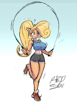 anthro big_breasts blonde_hair blue_background blue_clothing blue_topwear bottomwear bouncing_breasts breasts clothing dolphin_shorts exercise eyelashes female footwear fur green_eyes grey_bottomwear grey_clothing grey_shorts hair midriff navel open_mouth orange_body orange_fur ponytail red_clothing red_footwear red_shoes shoes shorts simple_background solo tan_body tan_fur thick_thighs topwear white_background wide_hips workout the_red_son activision crash_bandicoot_(series) coco_bandicoot bandicoot mammal marsupial