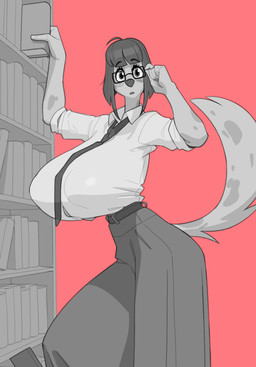 anthro belt big_breasts biped book bookshelf breasts clothed clothing dress eyewear female furniture glasses greyscale_with_colored_background hair huge_breasts hyper hyper_breasts looking_at_viewer necktie raised_tail red_background sagging_breasts shirt short_hair simple_background solo standing tail topwear crackiepipe clarita_(crackiepipe) canid canine canis domestic_dog greyhound hunting_dog mammal sighthound 2025 greyscale hi_res monochrome partially_colored