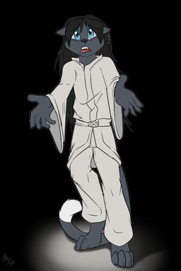 anthro biped black_background black_body black_fur black_hair black_nose bodily_fluids bottomwear clothed clothing digitigrade dipstick_tail ear_piercing eyebrows fur hair long_hair looking_at_viewer male markings open_mouth pants piercing shirt simple_background solo tail tail_markings tears teeth tongue topwear white_bottomwear white_clothing white_markings white_pants white_shirt white_topwear fuf felid mammal pantherine 2018 hi_res
