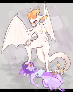 anthro areola balls breasts chastity_cage chastity_device dominant dominant_female duo feet female foot_on_face foot_on_head genitals gynomorph hitachi_magic_wand hooves horn intersex intersex/female membrane_(anatomy) membranous_wings multicolored_body nipples orange_areola orange_nipples penis purple_areola purple_balls purple_body purple_nipples purple_penis purple_scales purple_skin red_eyes scales sex_toy tail_holding_object two_tone_body vibrator vulva wand_vibrator white_body white_breasts white_scales wings trufzn hitachi mythology dragon kobold mythological_creature mythological_scalie scalie absurd_res hi_res