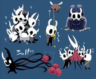 2_horns ambiguous_gender anthro biped black_body black_eyes cherry cloak clothing container flower flying food fruit group holding_flower holding_food holding_object honey_(food) horn looking_at_another lying melee_weapon motion_lines nail_(weapon) on_another on_front on_ground plant red_cloak red_clothing standing tendrils text weapon weapon_on_back white_flower white_head white_text wings arizuka00 hollow_knight_(franchise) team_cherry hornet_(hollow_knight) the_knight_(hollow_knight) void_(hollow_knight) arthropod bee hymenopteran insect vessel_(species) 2019 hi_res japanese_text