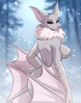 2_fingers anthro black_eyes breasts eyelashes falling_snow fangs female fingers fur grey_body grey_fur long_ears long_fangs membrane_(anatomy) membranous_wings neck_tuft nipples plant pointy_nose smile snow solo teeth tree tuft white_body white_fur wings fuvi ultraman_(series) fan_character alien bat extraterrestrial mammal absurd_res hi_res