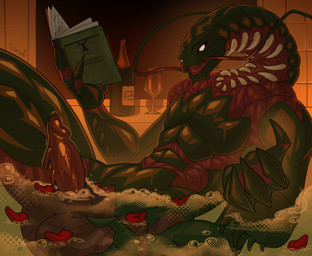 4_hands alcohol anthro bath bathing beverage book bubble claws detailed_background erection exoskeleton genitals glowing glowing_eyes holding_object long_neck looking_at_viewer male multi_hand muscular open_mouth penis scales solo teeth throbbing throbbing_penis tvmob arthropod centipede myriapod absurd_res hi_res