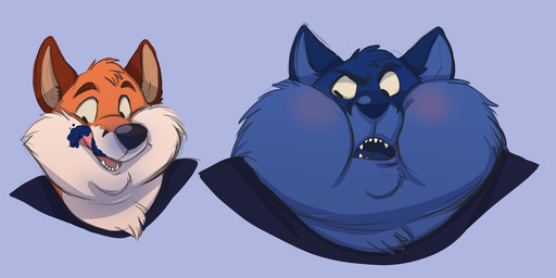 angry anthro before_and_after blue_body blue_fur blueberry_inflation blush cheek_bulge clothed clothing eating food frown fur growth inflation licking licking_lips licking_own_lips male open_frown open_mouth open_smile orange_body orange_fur self_lick smile solo teeth tongue tongue_out white_body white_fur wonkalicious guhreth canid canine fox mammal