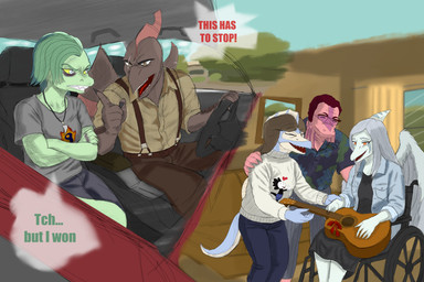 acoustic_guitar alternate_universe alternative_fashion angry anthro bald biped black_clothing black_dress blue_body blue_scales bone_frill brown_body brown_hair brown_scales car clenched_teeth clothed clothing cloud crossed_arms day dialogue disability dress duo eyes_closed feathered_wings feathers female fingers frill_(anatomy) furniture gesture gift_bow green_body green_hair green_scales grey_body grey_eyes grey_feathers grey_hair group guitar hair hand_gesture happy head_turned holding_guitar holding_musical_instrument holding_object humanoid_hands inside inside_car inside_vehicle jacket long_hair looking_at_another male markings multicolored_body multicolored_scales musical_instrument open_clothing open_jacket open_mouth open_smile open_topwear orange_eyes outside paraplegic pink_body pink_scales plant plucked_string_instrument pointing pointing_at_another punk scales short_hair sitting sky smile sofa speech_bubble string_instrument striped_markings stripes sweater talking_to_another teeth text topwear tree trio two_tone_body two_tone_scales vehicle wheelchair white_body white_clothing white_scales white_sweater white_topwear wings yelling yellow_sclera ryangoslinghorny cavemanon_studios goodbye_volcano_high i_wani_hug_that_gator ko_op_(game_developer) snoot_game fang_(gvh) olivia_halford randy_payne ripley_(snoot_game) sophia_payne baryonyx dilophosaurid dilophosaurus dinosaur prehistoric_species pterosaur reptile saurischian scalie spinosaurid spinosaurus theropod 3:2 colored english_text hi_res shaded adopted_(lore) adopted_daughter_(lore) adoptive_father_(lore) adoptive_mother_(lore)