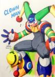 ambiguous_gender blue_eyes clown duo featureless_crotch happy machine male not_furry open_mouth sitting text akabane_jin capcom mega_man_(series) megaman_(classic) clown_man humanoid met_(mega_man) robot robot_master waddling_head hi_res signature traditional_media_(artwork)