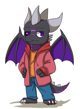 anthro black_sclera blue_bottomwear blue_clothing blue_pants bottomwear chibi clothed clothing glistening glistening_eyes grey_body grey_horn horn jacket looking_at_viewer male membrane_(anatomy) membranous_wings mouth_closed orange_clothing orange_topwear pants pupils purple_body purple_eyes purple_scales purple_wings red_clothing red_jacket red_topwear scales simple_background slit_pupils solo standing tail topwear white_background wings kuttoyaki mythology dragon mythological_creature mythological_scalie scalie absurd_res full-length_portrait hi_res portrait
