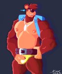 anthro backpack belt black_background bulge bulge_grab clothing facial_hair glare hair holding_bulge jewelry looking_at_viewer male muscular muscular_anthro muscular_male narrowed_eyes necklace nipples pecs simple_background smile solo standing underwear genericboxhead banjo-kazooie rareware banjo_(banjo-kazooie) bear mammal 2021 dated hi_res signature