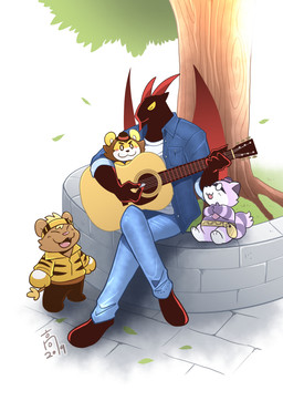acoustic_guitar anthro clothed clothing dreadnought_(guitar) guitar horn male musical_instrument playing_music plucked_string_instrument smile string_instrument wings takataka black_santa_(takataka) smilee bovid caprine demon felid goat lion mammal pantherine procyonid raccoon