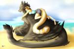 anthro beach black_body black_feathers black_lips clothed clothing detailed_background duo eyes_closed feathers female feral fur horn lips open_mouth outside riding sand seaside sky smile tail tongue water rikitoka european_mythology mythology dragon felid furred_dragon furred_scalie mammal mythological_creature mythological_scalie scalie western_dragon wyvern