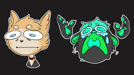 ambiguous_gender anthro black_background blue_eyes bodily_fluids collar crying duo fur grey_body grey_fur male mouth_closed open_mouth orange_body orange_fur red_collar simple_background solo tan_body tan_fur tears teeth lionfloof 16:9 widescreen