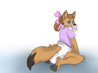 ageplay anthro blue_eyes bow_ribbon clothed clothing diaper digitigrade eyewear female glasses infantilism kneeling looking_at_viewer object_in_mouth pacifier pacifier_in_mouth pawpads piercing roleplay shirt simple_background solo topwear wearing_diaper operationfluff canid canine mammal hi_res