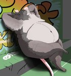 anthro belly big_belly detailed_background fur grey_body grey_fur male moobs navel overweight overweight_male sitting solo feedtheboss mammal murid murine rat rodent 2024 absurd_res hi_res