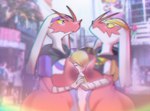 alternate_breast_size anthro areola big_breasts blaziken breasts clothed clothing eye_contact female generation_3_pokemon group hand_holding holowear_(pokemon) human looking_at_another male male/female mammal mixed_media nintendo nipples outside pantsless photo_background photography_(artwork) pokemon pokemon_(species) pokemon_unite red_areola red_nipples size_difference smaller_human smaller_male tapirclip trio volo_(pokemon)