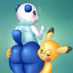 anthro anthrofied big_butt blush butt cyan_background duo fur hug hugging_another hugging_butt male nude pokemorph simple_background smile thick_thighs ruruduu nintendo pokemon generation_1_pokemon generation_5_pokemon mammal oshawott pikachu pokemon_(species) 1:1 hi_res