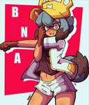 anthro biped bottomwear clothed clothing dipstick_tail female fingers hair markings open_mouth open_smile shorts smile solo tail tail_markings emmavania brand_new_animal studio_trigger michiru_kagemori canid canine mammal raccoon_dog tanuki absurd_res hi_res