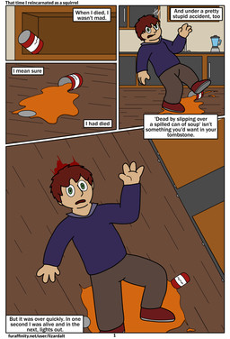 accident accidental_death blood bodily_fluids death green_eyes hair human_only humor isekai kitchen male not_furry red_hair slipping solo text lizarddude812 sunshine_(lizarddude812) human humanoid mammal comic english_text hi_res url