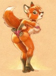 anthro bent_over bikini biped black_ears black_nose breasts butt canid canine clothed clothing countershade_face countershade_fur countershade_torso countershading dingbat dipstick_ears dipstick_tail embarrassed feet female female_anthro fox fur gloves_(marking) leg_markings looking_back mammal markings multicolored_ears nipples on_one_leg raised_tail rear_view side_boob skimpy socks_(marking) soles solo standing swimwear tail tail_markings toes wardrobe_malfunction wedgie