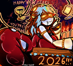 accessory alcohol ambiguous_fluids bedroom_eyes belly beverage big_breasts big_butt black_body blade blood blood_from_mouth blood_in_mouth blush blush_lines bodily_fluids bracelet breast_rest breasts bubble butt candle clothing container cup dress drinking_glass drooling drunk drunk_bubble female flirting flirting_with_viewer glass glass_container glass_cup glistening glowing glowing_eyes goblet grey_hair hair hazard_stripes headband heart_symbol holding_head holding_with_tail holidays huge_breasts huge_butt huge_hips huge_thighs jewelry knife leaning leaning_forward leaning_on_object machine medium_hair narrowed_eyes oil overweight pink_text red_clothing red_dress saliva seductive short_hair simple_background slightly_chubby stinger stinger_tail stripes substance_intoxication tail text thick_thighs torn_clothing weapon weapon_tail white_body wide_hips wine wine_glass yellow_eyes diddlydooter1 glitch_productions murder_drones new_year new_year_2026 v_(murder_drones) disassembly_drone humanoid robot robot_humanoid artist_name digital_drawing_(artwork) digital_media_(artwork) hi_res signature