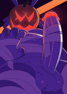 balls bandage bandage_on_penis bandages_only big_penis bodily_fluids carved_pumpkin erection food for_a_head fruit genital_fluids genitals glans low-angle_view male penis plant precum precum_bubble pumpkin pumpkin_head purple_balls purple_body purple_penis solo whiskers worm's-eye_view gemsum titan_(gemsum) humanoid object_head spirit 2023 absurd_res hi_res