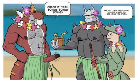 abs anthro beach belly beverage biceps big_muscles biped blush blush_lines bottomwear clothed clothing coconut coconut_drink dancing dialogue drupe_(fruit) erect_nipples erection erection_through_clothing erection_under_skirt exhibitionism eyebrows flower_on_head food fruit garland grass_skirt green_body green_scales grey_body grey_scales group hand_on_hip hawaiian hula hula_dancer hula_dancing lei luau male male/male mature_male musclegut muscular muscular_male navel nervous nipples open_mouth plant pupils red_body red_scales sand scales sea sexual_tension shoreline skirt snout speech_bubble spikes spikes_(anatomy) strength tail teeth text tongue topless topless_anthro topless_male triceps trio twunk ventral_scales wardrobe_malfunction water white_sclera yellow_sclera hunter-husky nintendo pokemon anton_o'moore curtis_sara_taylor trenton_liddle aggron breloom fossil_pokemon generation_3_pokemon generation_6_pokemon pokemon_(species) scalie tyrantrum english_text hi_res
