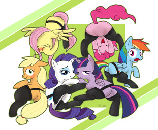 abstract_background blush clothing embarrassed female feral garter_belt garter_straps horn legwear presenting smile smiling_at_viewer stockings wings sion_(artist) friendship_is_magic hasbro my_little_pony mythology applejack_(mlp) fluttershy_(mlp) pinkie_pie_(mlp) rainbow_dash_(mlp) rarity_(mlp) twilight_sparkle_(mlp) earth_pony equid equine horse mammal mythological_creature mythological_equine pegasus pony unicorn winged_unicorn hi_res