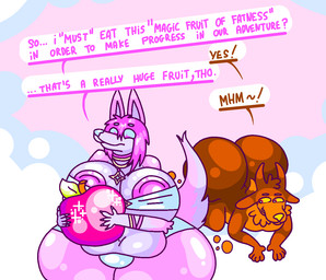anthro apple big_breasts big_butt big_nipples bracelet breasts butt dialogue duo female food fruit huge_breasts huge_butt huge_nipples hyper hyper_breasts hyper_butt hyper_nipples jewelry male male/female necklace nipples plant speech_bubble text dahliathefox baba_(dahliathefox) rhum_(dahliathefox) bovid canid canine caprine fox goat imp mammal english_text
