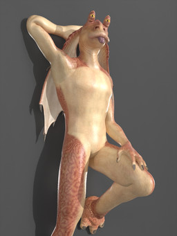 anthro blep eyestalks featureless_chest featureless_crotch front_view looking_at_viewer male nude solo tongue tongue_out yellow_eyes ocsda epic_games fortnite lucasfilm star_wars jar_jar_binks alien gungan otolla_gungan 3:4 3d_(artwork) blender_(artwork) digital_media_(artwork) hi_res