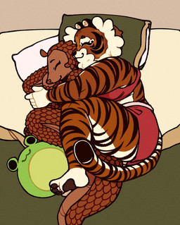 anthro arms_around_another arms_around_partner bed big_cheeks black_ears black_nose bottomwear brown_body brown_face brown_nose brown_pawpads brown_scales cheek_tuft closed_smile clothed clothed_anthro clothed_female clothing cuddling curled_tail duo eyes_closed facial_tuft female female/female fur furniture green_pillow head_on_pillow holding_another inner_ear_fluff markings mouth_closed neck_tuft pawpads paws pillow pillow_case plushie pseudo_hair red_bottomwear red_clothing red_topwear romantic romantic_couple scale_hair scales scaly_tail small_ears smile spooning striped_body striped_fur striped_markings striped_tail stripes tail tail_markings thick_tail topwear tuft white_inner_ear white_inner_ear_fluff white_pillow white_tuft highlandkall li_(highlandkall) naomi_(highlandkall) amphibian felid frog mammal pangolin pantherine tiger 2024 colored digital_drawing_(artwork) digital_media_(artwork) hi_res
