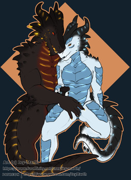 anthro belly black_body black_scales blue_belly blue_body blue_scales female fingering genitals knot male male/female penis red_belly scales white_body white_scales icy-marth mythology canowicakte_(daedalus_darkblade) chenoa_(icy-marth) dragon mythological_creature mythological_scalie scalie hi_res