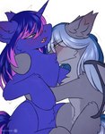 blue_eyes blue_hair blue_tail blush cute_fangs duo fangs feral fluffy fur grey_body grey_fur grey_hair hair horn hug kissing long_hair male male/male multicolored_hair narrowed_eyes open_mouth pink_hair pink_tail purple_body purple_fur romantic romantic_couple silver_tail simple_background tail teeth two_tone_hair two_tone_tail snowstormbat hasbro my_little_pony mythology aphelion_darkmoon midnight_snowstorm bat_pony equid equine horse mammal mythological_creature mythological_equine pony unicorn absurd_res digital_media_(artwork) hi_res