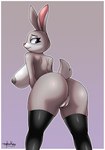 anthro big_breasts breasts butt clothing female fur genitals grey_body grey_fur legwear looking_at_viewer looking_back looking_back_at_viewer multicolored_body multicolored_fur nipples pussy rear_view solo stockings two_tone_body two_tone_fur nehmkey disney zootopia judy_hopps lagomorph leporid mammal rabbit 2023 digital_media_(artwork) hi_res