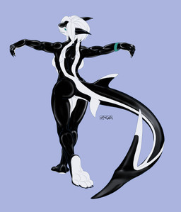 action_pose anthro arms_outstretched barefoot big_breasts big_butt biped black_body blue_background bob_cut breasts butt casual_nudity claws countershade_face countershade_feet countershade_legs countershade_thighs countershade_torso countershading dancing feet female female_anthro hair long_tail looking_at_viewer looking_back looking_back_at_viewer markings non-mammal_breasts nude nude_anthro nude_female on_one_leg plantigrade pose rear_view short_hair simple_background smile solo standing striped_body stripes tail thick_thighs white_hair white_markings wide_hips kencougr aquatic fish shark digital_drawing_(artwork) digital_media_(artwork) full-length_portrait hi_res portrait restricted_palette shaded signature simple_shading