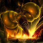 anthro big_breasts breasts city female giga huge_breasts hyper hyper_breasts landscape_dwarfing looking_down macro small_head solo stadium yellow_body drakonst arthropod insect 1:1 2023 absurd_res digital_media_(artwork) hi_res