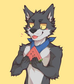 5_fingers anthro blush blush_lines clothed clothing fingers food fruit holding_food holding_object kerchief kerchief_only male melon muscular muscular_arms plant seed simple_background solo tongue tongue_out topless watermelon watermelon_slice yellow_background yellow_sclera flunky flunky_(character) canid canine canis mammal wolf hi_res