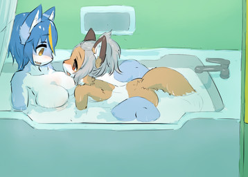 age_difference anthro bath big_breasts blue_body blue_fur blue_hair blush breasts duo female female/female fur grey_hair hair kemono nude older_female open_mouth open_smile red_eyes smile tan_body tan_fur yellow_eyes young young_anthro younger_female ohakotome vtuber nanahoshi_suzu occhan canid canine fox mammal 2019