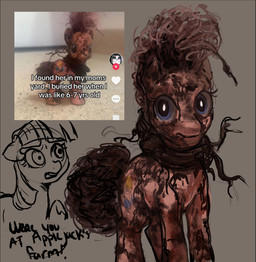 4_legs all_fours black_text blank_stare blue_eyes cutie_mark dialogue dirt dirty duo female fur grey_background hair looking_at_viewer open_mouth photo_reference pink_body pink_fur pink_hair shocked simple_background text misstwipietwins friendship_is_magic hasbro my_little_pony tiktok pinkie_pie_(mlp) twilight_sparkle_(mlp) earth_pony equid equine horse mammal pony 2025 digital_drawing_(artwork) digital_media_(artwork) english_text