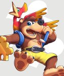 3_toes backpack barefoot beak belt blue_eyes bottomwear brown_body brown_fur clothing feathered_wings feathers feet female fur green_eyes male open_mouth puzzle_piece shorts teeth toes tongue wings gonzarez1938 banjo-kazooie rareware banjo_(banjo-kazooie) kazooie avian bear breegull mammal hi_res