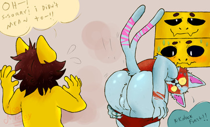 accident accidental_exposure anthro canon_x_oc duo embarrassed embarrassed_expression embarrassed_naked_male embarrassing_exposure embarrassing_nudity male male/male selfship worried nicoysita epic_games fortnite nyanja_(fortnite) domestic_cat felid feline felis humanoid kobold mammal scalie absurd_res hi_res